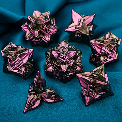 ARUOHHA DND Metal Dice Set Purple Red Leaf Design Polyhedral Dice with Box, 7PCS D and D Dice RPG Role Playing Games D20 D12 D10 D8 D6 - color: Purple Yellow