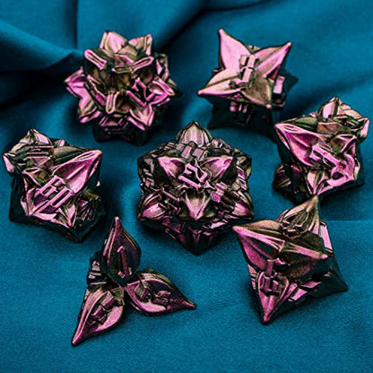 ARUOHHA DND Metal Dice Set Purple Red Leaf Design Polyhedral Dice with Box, 7PCS D and D Dice RPG Role Playing Games D20 D12 D10 D8 D6 - color: Purple Yellow