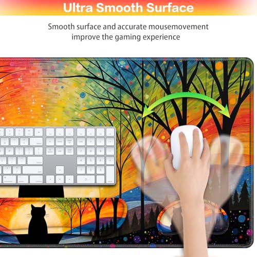 Mouse Pad with Wrist Rest Black Cat, 4-in-1 Large Mousepad+Keyboard Wrist Rest+Mouse Pad Wrist Support+Cup Pad Set,Ergonomic Mousepad,Memory Foam Desk Mat for Home Office Gaming(35.4×15.7in) - color: Lonely Cat