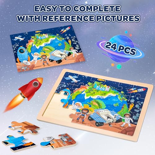 Puzzles for Kids Ages 4-6, 4 Packs 24 Pcs Wooden Jigsaw Puzzles for Toddlers Ages 2-4, Preschool Educational Map Puzzle Toys Gifts for 3 4 5 6 Boys Girls - style: Solar System