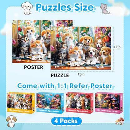 4 Packs 100 Piece Puzzles for Kids Ages 4-6 6-8 8-10, Cats Dogs Sea World Mushroom Large Piece Puzzle for Seniors 100 Pieces Adults Jigsaw Puzzle Learning Educational Xmas Toys for Boys and Girls - style: Cats Dogs Sea World