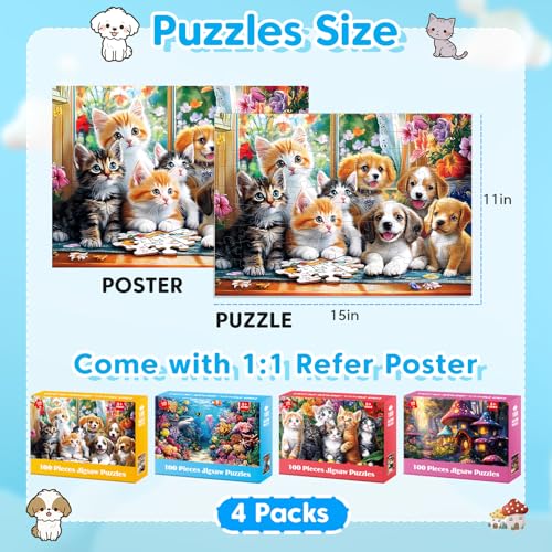 4 Packs 100 Piece Puzzles for Kids Ages 4-6 6-8 8-10, Cats Dogs Sea World Mushroom Large Piece Puzzle for Seniors 100 Pieces Adults Jigsaw Puzzle Learning Educational Xmas Toys for Boys and Girls - style: Cats Dogs Sea World