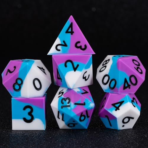 Silicone DND Dice,Polyhedral D&D Dice Set,Rubber Sharp Edges Soft Perfect Bouncer for Dungeons and Dragons, RPG, MTG (D4, D6, D8, D10, D12, D20, D%) for Ages 15 and Up - color: Blue Purple White