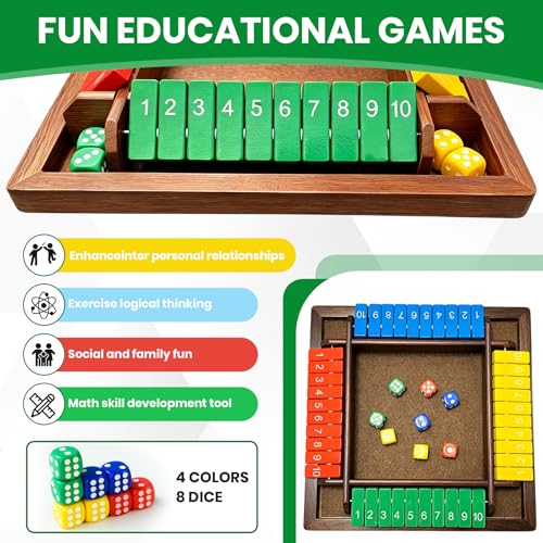 Shut The Box Dice Game, Wooden Strategy Board Game for 2-4 Players, Brown | Tabletop Math Game, 8 Dice Included, Velvet Storage Bag, Solid Wood Board, Family Game Night, Pub Game - style: Classic
