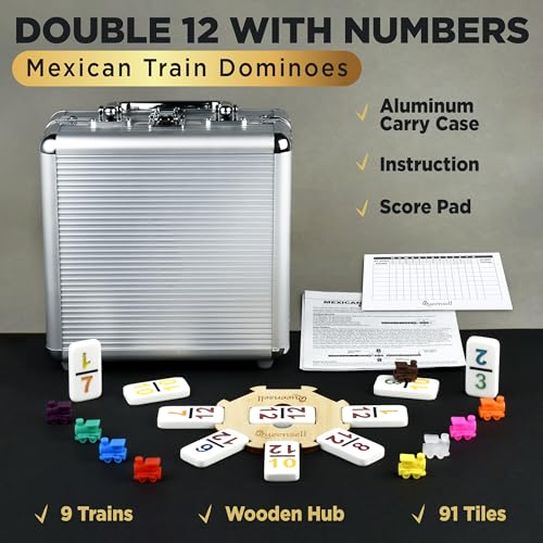 Queensell Mexican Train Dominoes Set with Numbers, Double 12 Dominoes Sets for Adults, Mexican Domino Train for Adults and Family - Domino Sets 91 Tiles with Aluminum Case - style: Double 12 Numbers