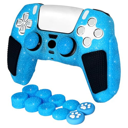 Blue Glitter Anti Slip Soft Thicked Studded Silicone Cover Skins Compatible with PS5 Controller,Include 8 PCS Blue Glitter Thumb Grips Glow and 2 Cat Paw Grips Accessories. - color: Blue Black