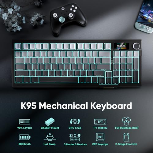 RedThunder K95 Wireless Mechanical Keyboard,TFT Screen & Knob, Trip-Modes Connection, Gasket Custom Hot-Swap Keyboard, RGB Backlit, Pre-lubed Linear Switches, Side Printed PBT Keycaps, Gray Gradient - color: Gradient Gray