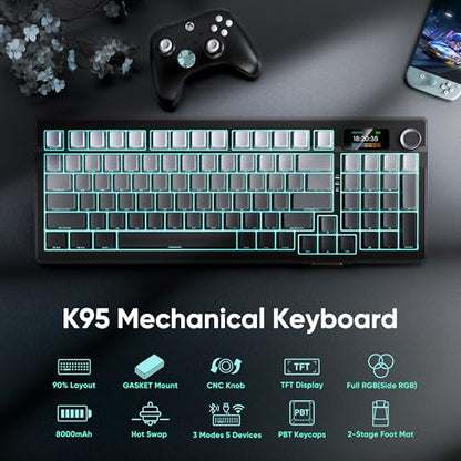 RedThunder K95 Wireless Mechanical Keyboard,TFT Screen & Knob, Trip-Modes Connection, Gasket Custom Hot-Swap Keyboard, RGB Backlit, Pre-lubed Linear Switches, Side Printed PBT Keycaps, Gray Gradient - color: Gradient Gray