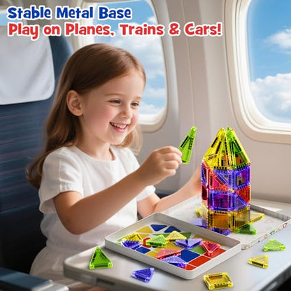 Mini Magnetic Tiles Travel Toys: Airplane Activities for Kids 3-8 | 40pcs Metal Box Play Base & Visual Storage Guide - Road Trip Essentials for Toddlers Quiet Games Portable Sets Must Haves - style: Glossy Surface Mini Magnetic Tiles - 40 PCS