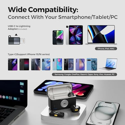 NearStream Wireless Lavalier Microphone for iPhone, Android and PC, AWM25T | Noise Cancellation, Up to 24-Hour Total Battery Life, Lightning and USB-C Plug-and-Play for Vlogging and Interviews