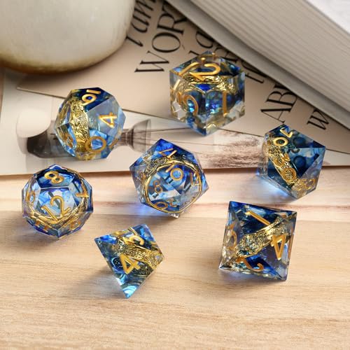 DNDND Sharp Edge D&D Dice Set - 7-Piece Swirl Resin with Golden Ring Inside with Gift Case for DMS & Players - Blue - color: Ring Blue