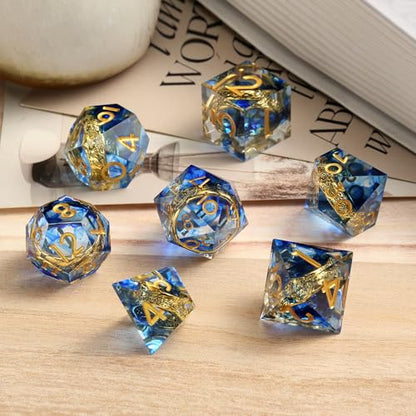DNDND Sharp Edge D&D Dice Set - 7-Piece Swirl Resin with Golden Ring Inside with Gift Case for DMS & Players - Blue - color: Ring Blue