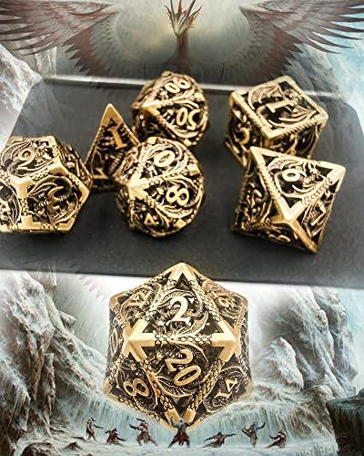 Metal DND Dice Set Dungeons and Dragon Dice Set Hollow Dragon Polyhedral Magic 7 PCS Dice Set with Gift Metal Box for Dungeons and Dragons Table Games Play Cards MTG(Dragon_Ancient Bronze) - color: Dragon_ancient Bronze
