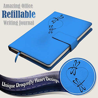 The Amazing Office Dragonfly Heart Refillable Journal, Light Blue Faux Leather, 200 Lined Pages, 5.75x8.5 Inch Notebook with Magnetic Clasp and Pen Holder, Writing Diary for Women and Men - color: Dragonfly-Heart Lt-Blue