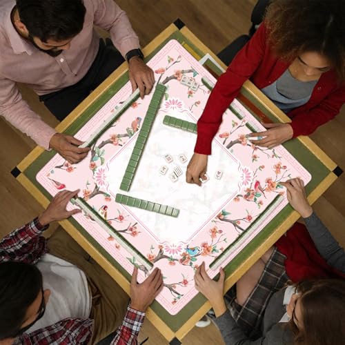 Chinoiserie Mahjong Mat with Carrying Bag,Rubber Anti Slip and Noise Reduction Multi Purpose Game Table Cover for Card, Board Tile Games 31.5" x 31.5" Pink - color: Pink