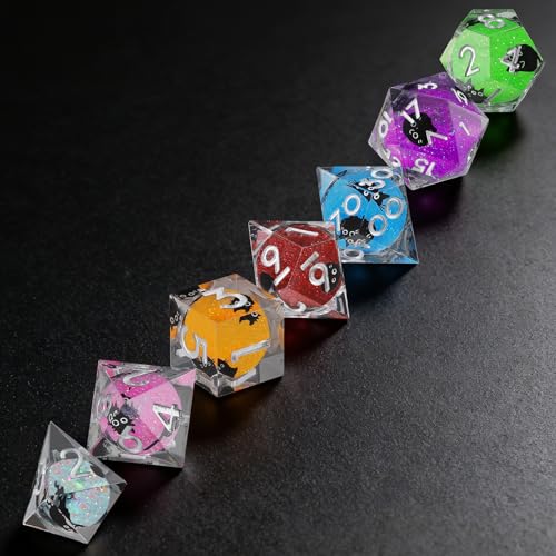 Liquid Core DND Dice Set, 7 Pcs Resin Sharp Edge Polyhedral Dice Quicksand Cat D&D Dice for Dungeons and Dragons RPG Role Playing Table Games