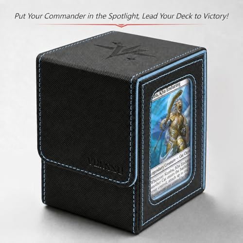 MTG Deck Box with Commander Display Window (Black&Wathet, 1 window) | Holds 120 Single/100 Double-Sleeved Cards, Fit MTG/PTCG/OPTCG Cards, Strong Magnet, PU Leather, With 2 Dividers & 1 Toploader - color: Black and Wathet
