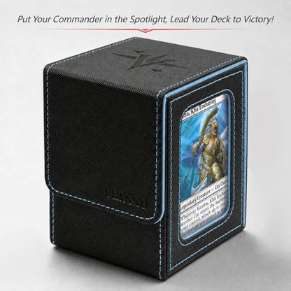 MTG Deck Box with Commander Display Window (Black&Wathet, 1 window) | Holds 120 Single/100 Double-Sleeved Cards, Fit MTG/PTCG/OPTCG Cards, Strong Magnet, PU Leather, With 2 Dividers & 1 Toploader - color: Black and Wathet