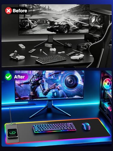 Wireless Charging Mouse Pad Gaming, 31.5"x15.8" Large Desk Mat, Waterproof | RGB Mousepad, Smooth Glide, Stitched Edge, Non-Slip Rubber Base, Desk Pad Computer Keyboard Mat, No Adapter - color: RGB-31.5"x15.8"