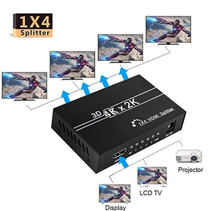 Wiistar HDMI Splitter 1 in 4 Out 4K@30Hz Full HD1080P Video Splitter | HDMI1.4 Audio Video Distributor Splitter 1x4 Compatible with Xbox PS3 PS4 Fire Stick Roku Blu-Ray Player HDTV