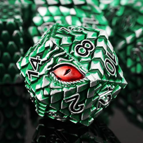 Dragon Eye Metal Dice Set, 7 Pcs Dragon Scale Metallic Dice, Gift Box for Dungeons & Dragons Tabletop Game (Green Dragon Scale & Red Eye) - color: Green Dragon Scale & Red Eye