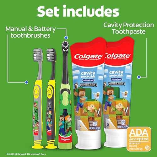 Colgate Kids Minecraft Toothbrush and Kids Toothpaste Gift Set, Includes Minecraft-Themed Battery Toothbrush, 2 Bubblegum Flavored Fluoride Toothpastes, and 2 Manual Toothbrushes - style: Minecraft