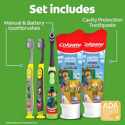 Colgate Kids Minecraft Toothbrush and Kids Toothpaste Gift Set, Includes Minecraft-Themed Battery Toothbrush, 2 Bubblegum Flavored Fluoride Toothpastes, and 2 Manual Toothbrushes - style: Minecraft