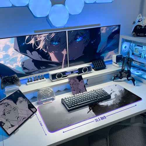 JMIYAV White RGB Gaming Mouse Pad 31.5x12 Inch PC XL Large Extended Glowing Led Light Up Desk Pad Non-Slip Rubber Base Computer Cute Mousepad Mat Desk Accessories Gaming Setup Dark