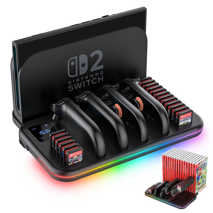 Charging Dock for Nintendo Switch 2 Joy Con, RGB Docking Station for Joycons Controller, Switch 2 Accessories with 18 Game Card Slots - size: 6FT