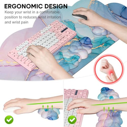 JIKIOU Ergonomic Keyboard Wrist Rest &Large Mouse Pad&Mouse Wrist & Cup Pad | Cute Cloud Shape, 4 in 1 Memory Foam Desk Mat, Ultra-smooth Surface, Savior of Wrist Pain, Anti-slip Rubber Base, Waterproof - color: 06Marble Blue
