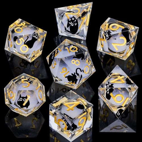 DND Cat Dice Set White Sharp Edge Dice with Box, RPG D and D Dice Dungeons Dragons Role Playing Game Polyhedral Resin Dice Set D20 D12 D10 D8 D6 D4 - color: Golden White