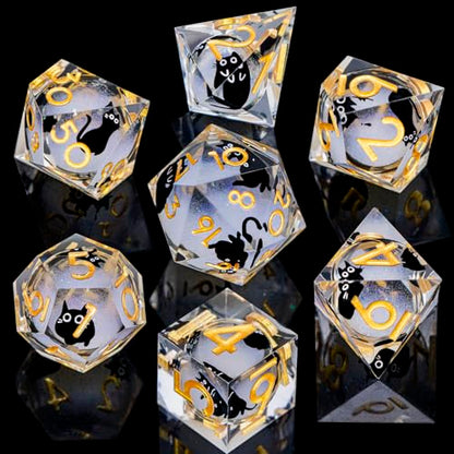 DND Cat Dice Set White Sharp Edge Dice with Box, RPG D and D Dice Dungeons Dragons Role Playing Game Polyhedral Resin Dice Set D20 D12 D10 D8 D6 D4 - color: Golden White