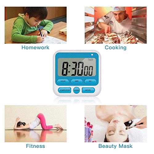 Upgraded Digital Kitchen Timer, ON/Off Switch, 12/24 Hour Clock and Silent Timers, Count Up & Count Down for Kids Teachers Cooking Games Office, Large LCD Display, Loud Alarm and Strong Magnet (Blue) - color: Blue