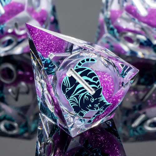 KERWELLSI Cat Liquid Core DND Dice Set with Gift Box, 7Pcs Resin Dungeons Sharp Edge D&D Dice, Dragons D and D Role Playing Dice D20 D12 D10 D8 D6 D4, Purple and Blue Cat - color: Purplr and Blue Cat