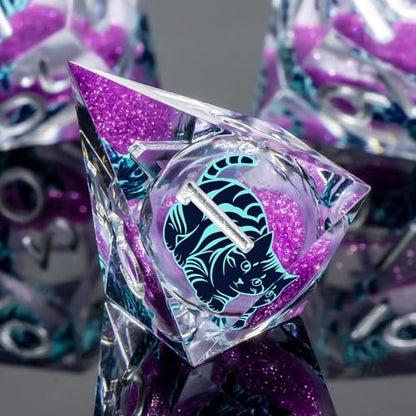 KERWELLSI Cat Liquid Core DND Dice Set with Gift Box, 7Pcs Resin Dungeons Sharp Edge D&D Dice, Dragons D and D Role Playing Dice D20 D12 D10 D8 D6 D4, Purple and Blue Cat - color: Purplr and Blue Cat