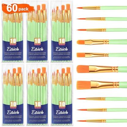 ESRICH Paint Brushes Set,6 Packs 60 Pcs Acrylic Paint Brush Set,Acrylic Oil Watercolor, Face Nail Art, Miniature Detailing,Rock Painting,Painting Artist Professional Kits(Green) - color: Green, size: 60