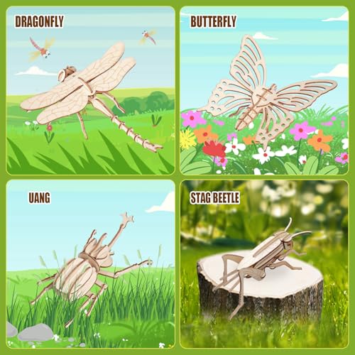 ELX Wooden 3D Puzzles for Kids 6+, 8 Piece Set Insect Animal Models, Wood Building Kits DIY Wooden Crafts Stem Toys peresents for Kids and Adults - style: 3D-Insects
