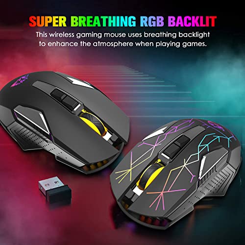 FELICON Wrieless Gaming Mouse, Silent Rechargeable Optical Sensor 3 Level DPI Computer Mice, Computer Wrieless Mouse with 7 Color LED Light for Windows/Mac/Linux/PC/Laptop(Black) - color: Black