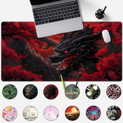 Huge Dragon Large Mouse Pad - Red and Black Mousepad, Big Full Keyboard and Mouse Pad with Stitched Edges, Anti-Slip, Funny Desk Pad, 31.5 X 15.8 in. - color: Red Black Dragon