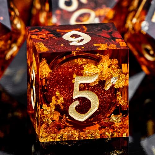 ARUOHHA Liquid Core DND Dice Set, 7pcs Resin Sharp Edged Dragons Dice Compatible with D&D Role Playing Games, RPG Golden Numbers Red Dungeons Polyhedral Dice with Gift Box, D and D Dice Set D20 D10 D6 - color: Golden Red