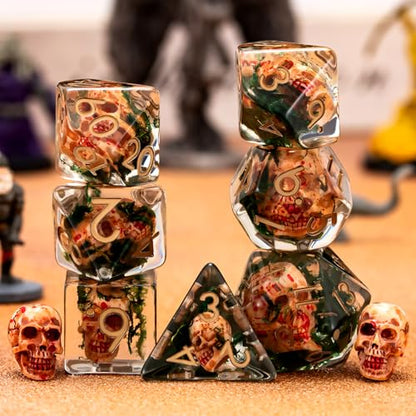 Resin DND Skull Dice Set, D&D Polyhedral Dice for Dungeons and Dragons RPG, MTG Role Playing Games D and D Dice 7pc D20 D12 D10 D8 D6 D4 - color: Skull-2
