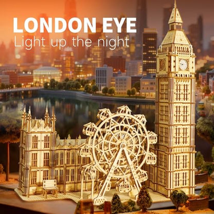 Music Park 3D Wooden Puzzle, Big Ben with LED | Big Ben clock with LED night light and London Eye Ferris wheel. DIY model building kit. Home decor gift. - color: Big Ben