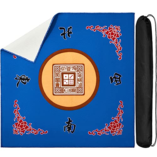 Juexica Mahjong Mat with Carrying Bag, 31.5 x 31.5 Inch Non-Slip Noise-reducing Mahjong Table Cover for Cards, Poker and Tile Games(Blue) - color: Blue