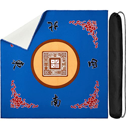 Juexica Mahjong Mat with Carrying Bag, 31.5 x 31.5 Inch Non-Slip Noise-reducing Mahjong Table Cover for Cards, Poker and Tile Games(Blue) - color: Blue