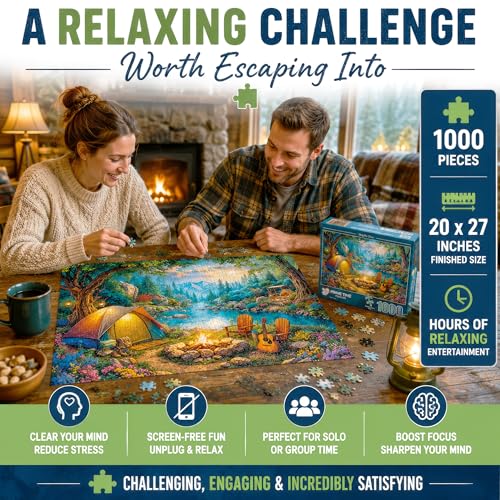 1000 Piece Jigsaw Puzzle for Adults - Tent Camping by the River - Challenging Puzzle Perfect for Game Nights - 1000 Piece for Adults. 20x27 inches - Hiking and camping in the mountains - Campfire Calm - color: Campfire Calm
