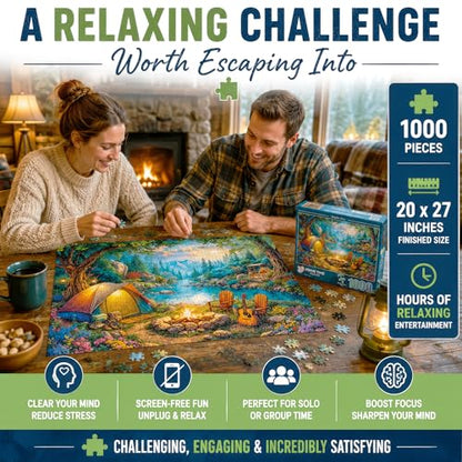 1000 Piece Jigsaw Puzzle for Adults - Tent Camping by the River - Challenging Puzzle Perfect for Game Nights - 1000 Piece for Adults. 20x27 inches - Hiking and camping in the mountains - Campfire Calm - color: Campfire Calm