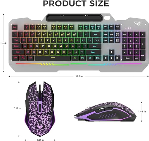 AULA Gaming Keyboard and Mouse,Wired 104-Key Mouse and Keyboard Combo Metal | Full Size Computer Keyboards with Number Pad,New Update Version,RGB Backlit Anti-Ghosting PC Keyboard for Laptop WinXP/7/8/10 - color: Black Keycaps + Silver Panel