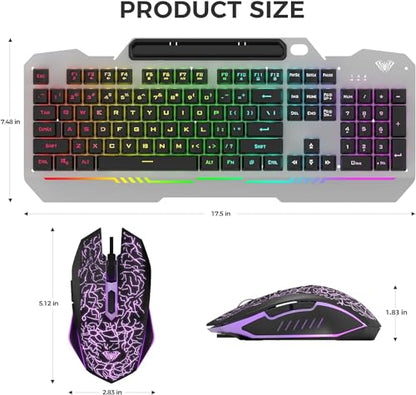 AULA Gaming Keyboard and Mouse,Wired 104-Key Mouse and Keyboard Combo Metal | Full Size Computer Keyboards with Number Pad,New Update Version,RGB Backlit Anti-Ghosting PC Keyboard for Laptop WinXP/7/8/10 - color: Black Keycaps + Silver Panel