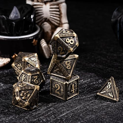 7-Piece Metal Dice Set - Mayan-Themed Zinc Alloy DND Dice for Tabletop Gaming, Gift, and Collecting - color: Mayan-themed-antique Bronze