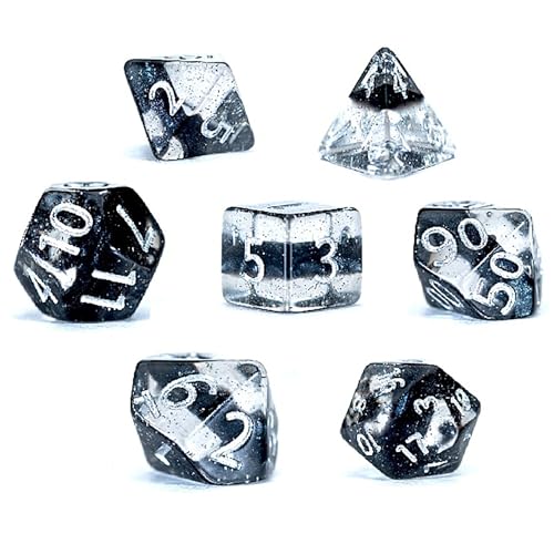Gate Keeper Games & Dice: Mighty Tiny Dice: Dragon Eggs - 7 pc - RPG Dice Set, 3-Layer Neutron Style, Clear-Silver Glitter-Black, 12mm Resin Dice